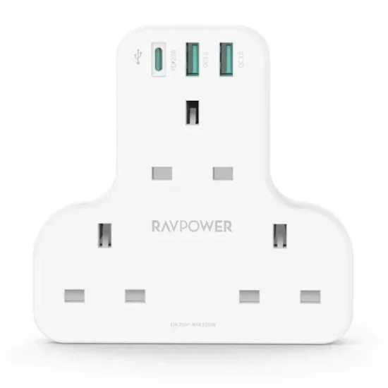 RAVPower PD Pioneer 20W 3 port charger White UK Version with 3 AC plug - White